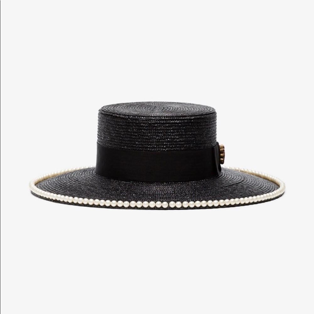 GUCCIBlack Pearl Embellished Straw Hat